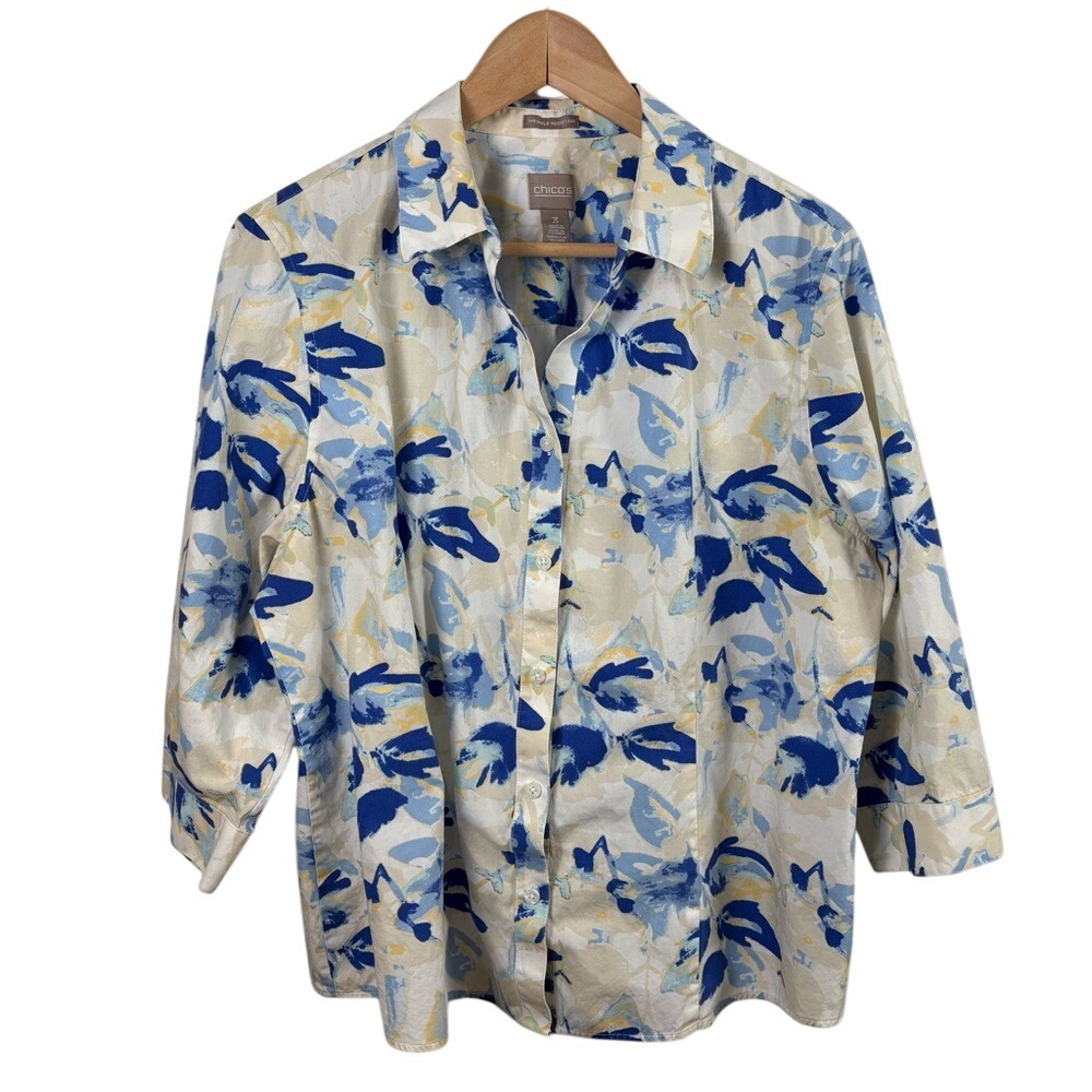 Chico's Artistic Floral Button-Up Cotton Shirt 3/4 Sleeve Collared Size 3 (XL)
